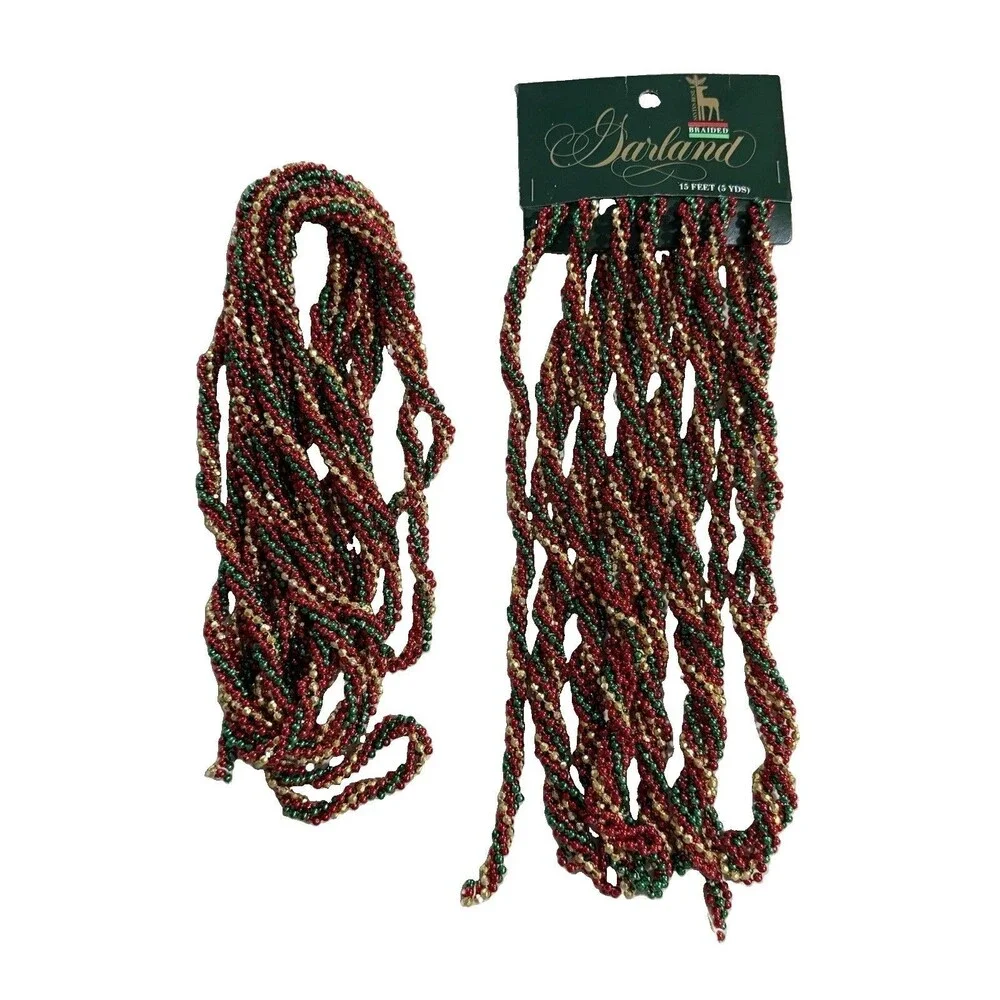 Christmas Braided Plastic Beads Garland Red Gold Vintage 2 Strand 15 Ft